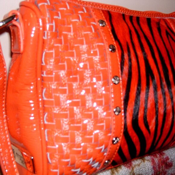 Vintage 80's Woven Leather Orange and Black Sharif Crossbody Bag - Picture 4 of 10